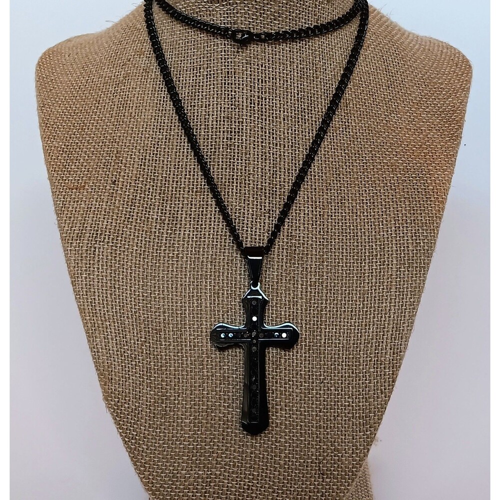 Men's Stainless Steel Black Plated Black CZ Cross Necklace 24 in